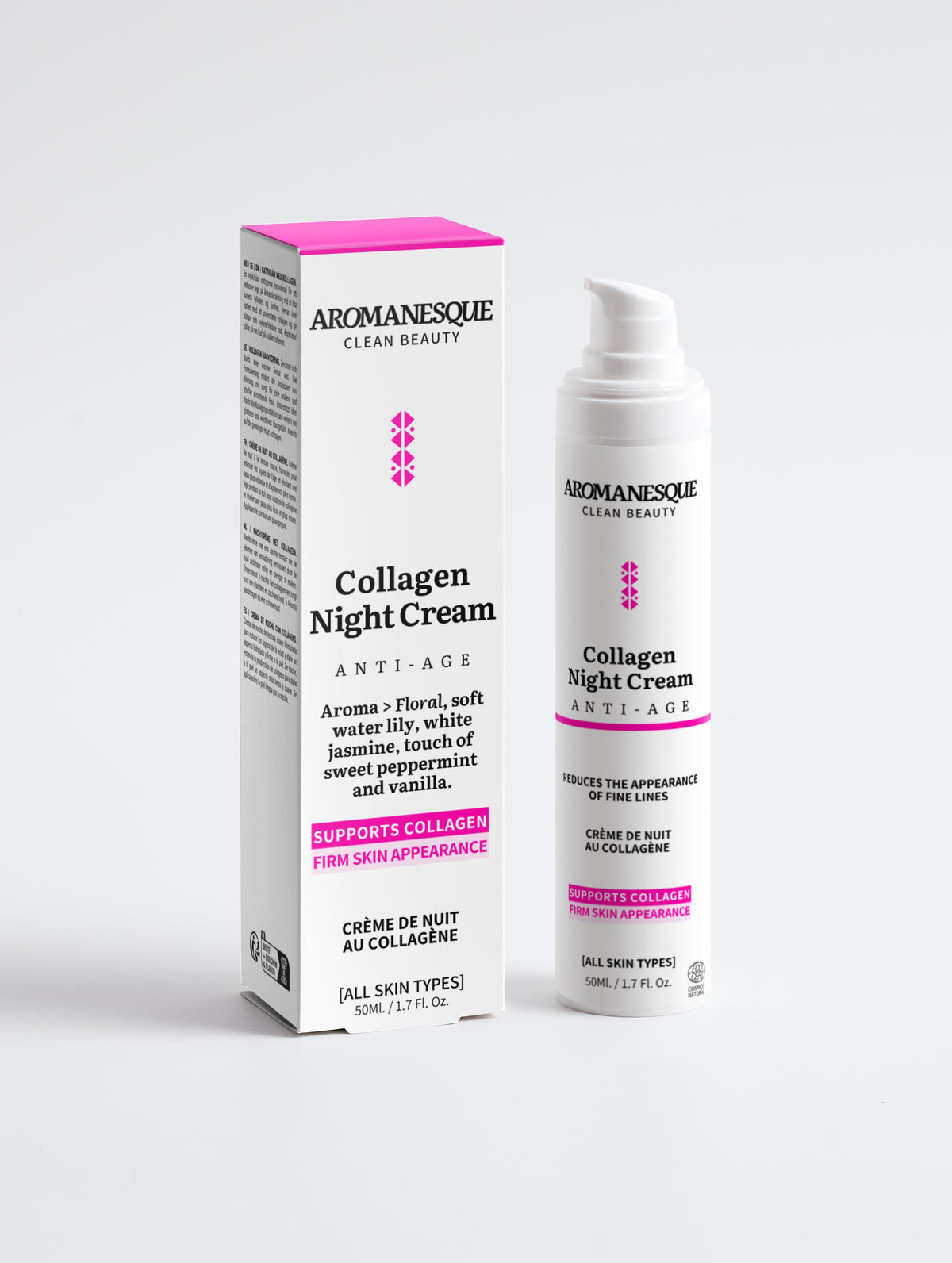 Aromanesque Collagen Anti-Age Night Cream packaging and container, with the product emphasizing collagen support, anti-aging, and nighttime use.