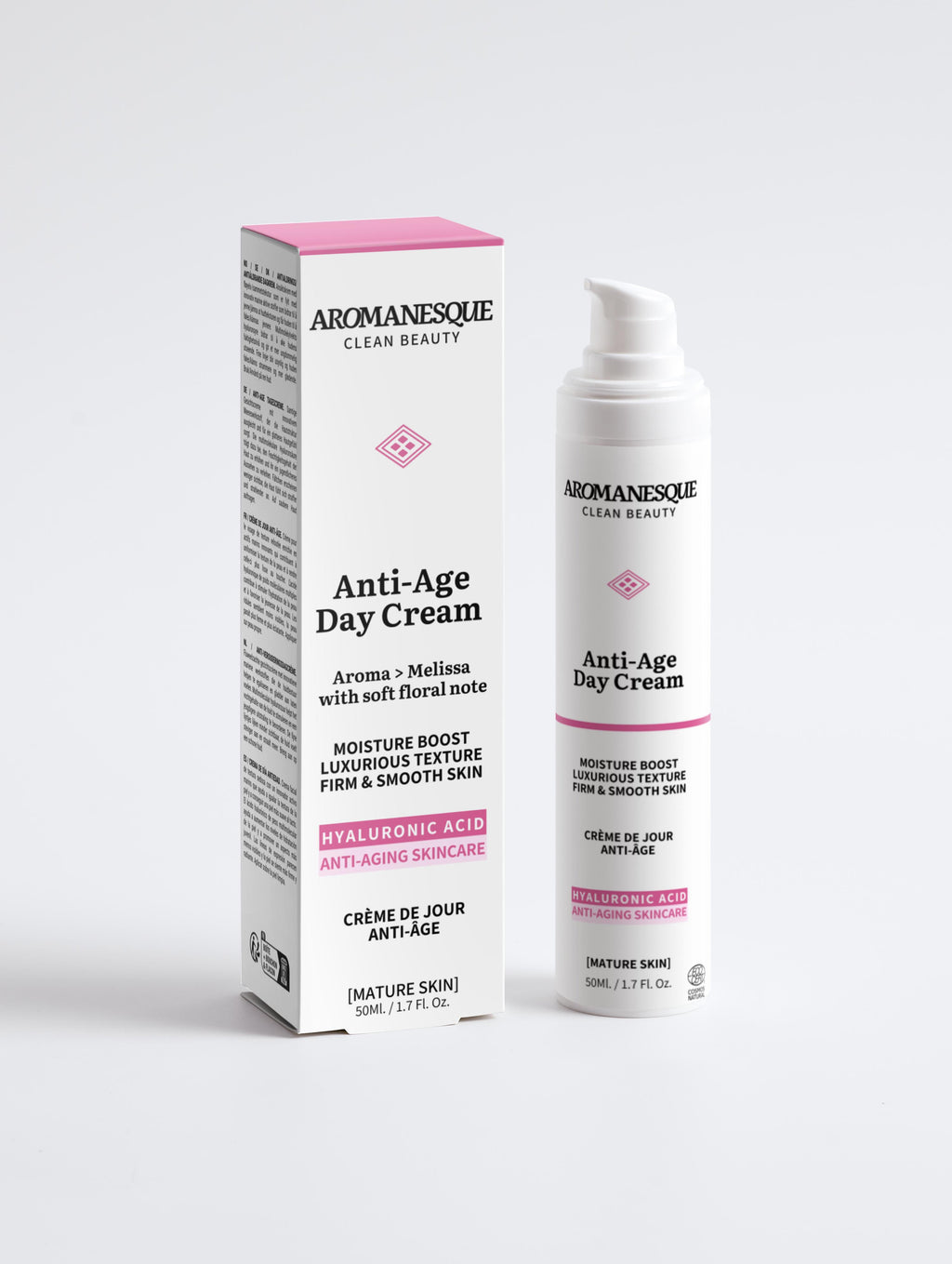 Aromanesque Anti-Age Day Cream packaging and container, with the product emphasizing hyaluronic acid and marine extracts.