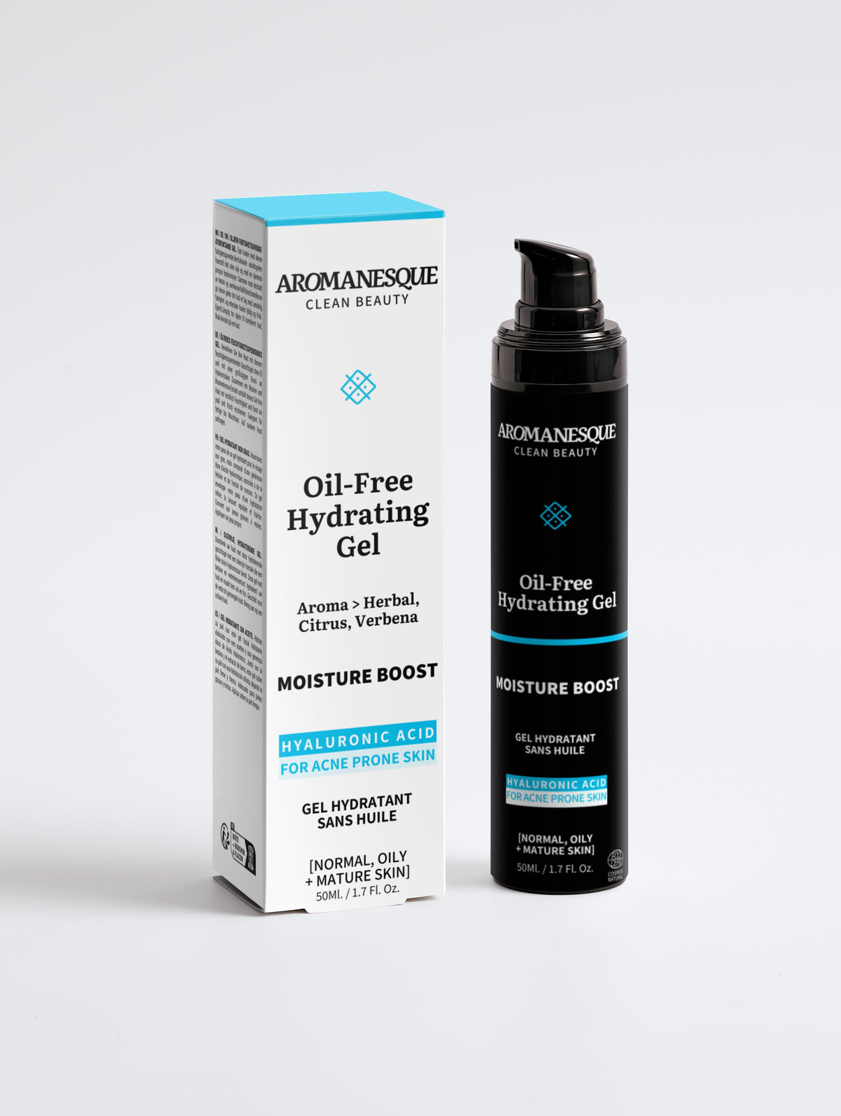 Aromanesque Oil-Free Hydrating Gel packaging and bottle, with the box being predominantly white and the gel bottle being black, both featuring the product name and description.