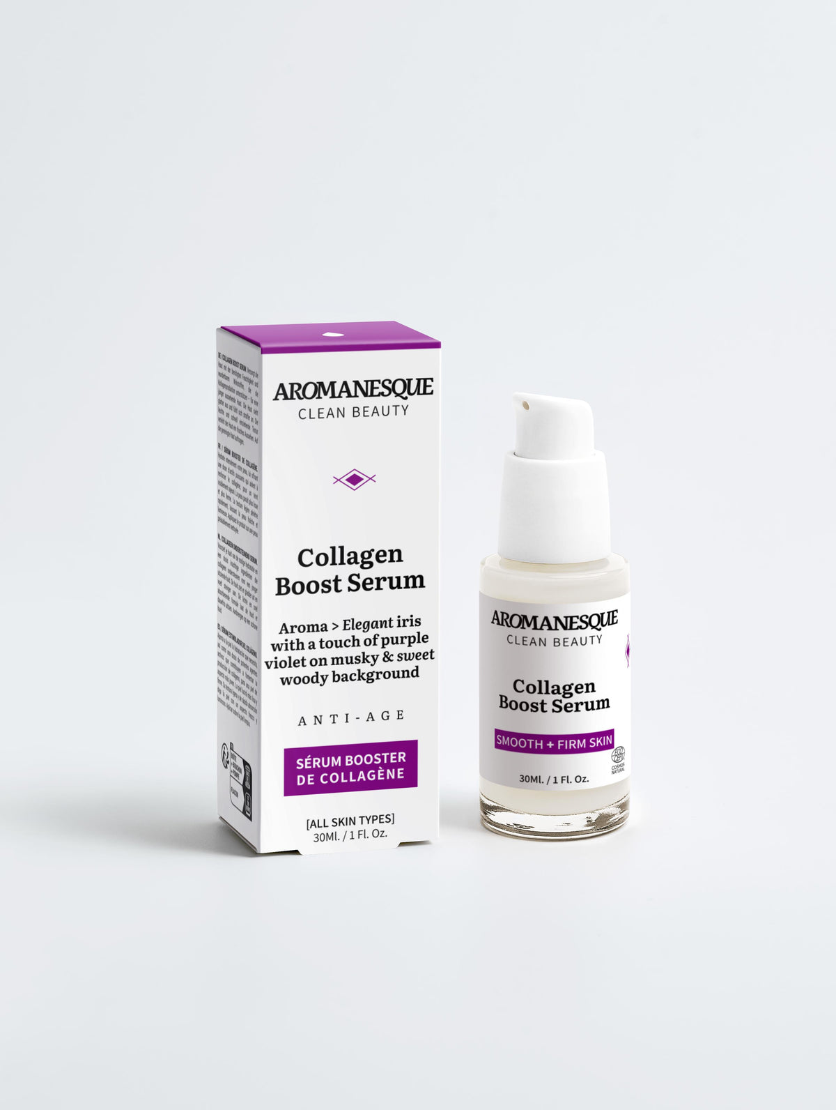 A package and bottle of Aromanesque Collagen Boost Serum, with the serum dropper visible in front of the package.